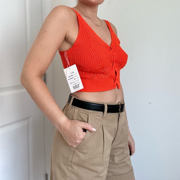 Crochet Knit Lace Up Front Crop Top - Picture 2 of 7